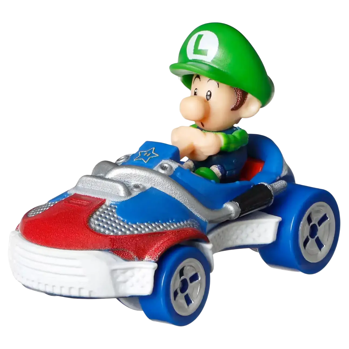 Luigi in a blue, red, and silver kart.
