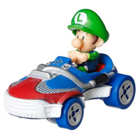 Luigi in a blue, red, and silver kart.