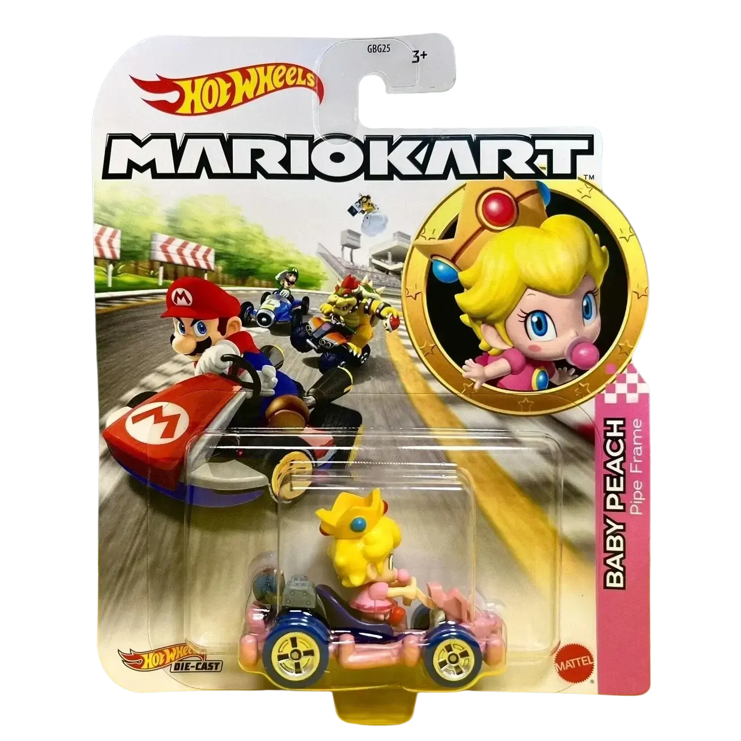 Hot Wheels Mario Kart toy car featuring Baby Peach in a pink Pipe Frame kart.