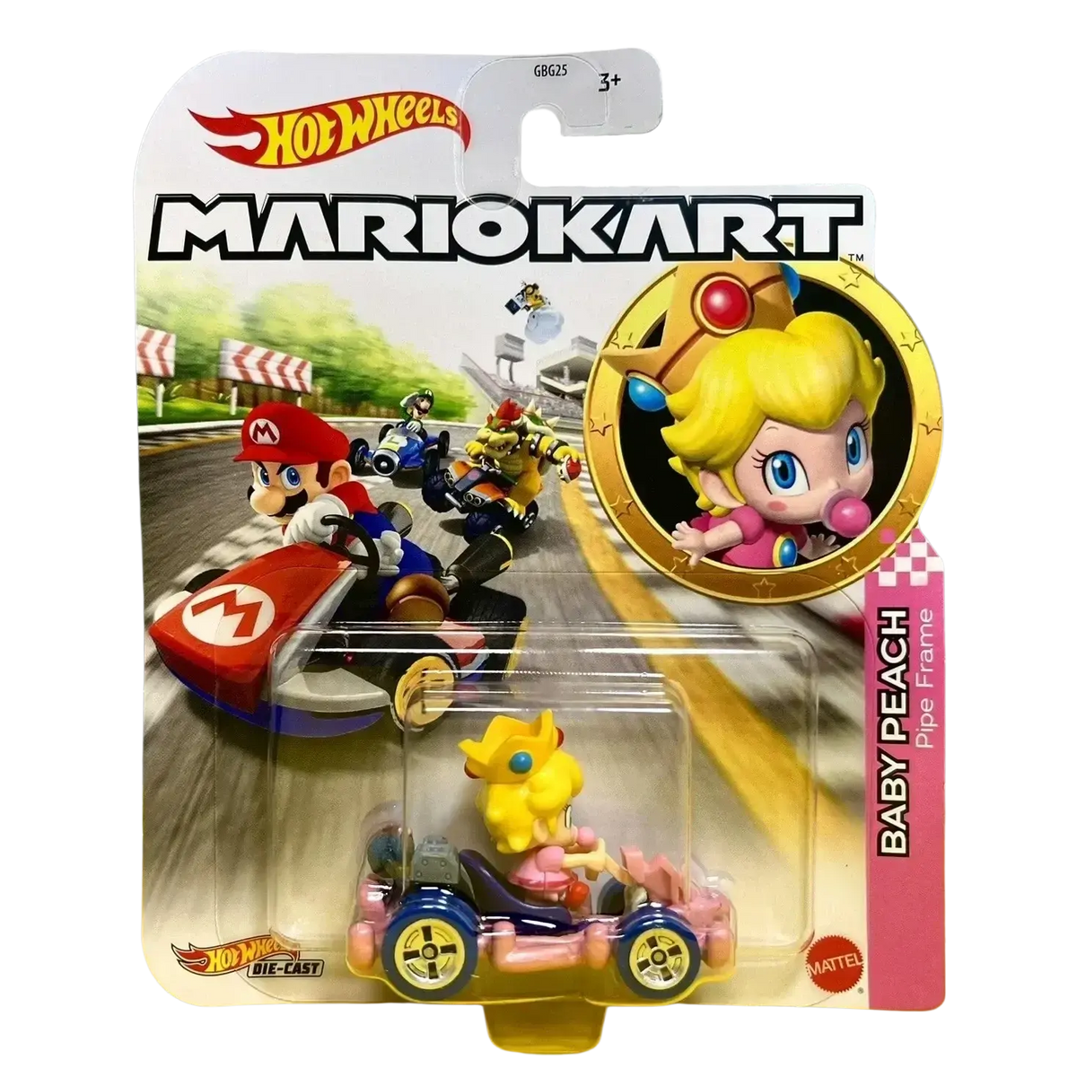Hot Wheels Mario Kart toy car featuring Baby Peach in a pink Pipe Frame kart.