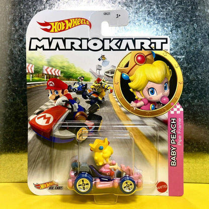 Hot Wheels Mario Kart toy car featuring Baby Peach in a pink Pipe Frame kart.