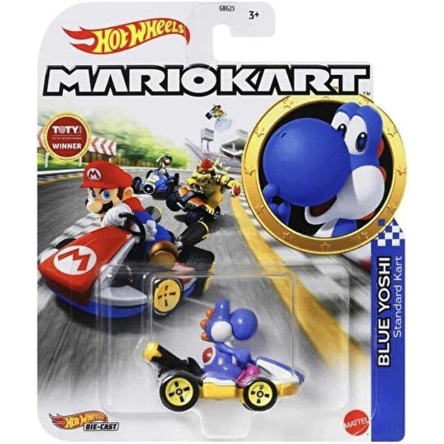 Hot Wheels Mario Kart Blue Yoshi die-cast toy car.