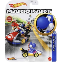 Hot Wheels Mario Kart Blue Yoshi die-cast toy car.