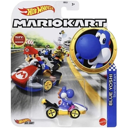 Hot Wheels Mario Kart Blue Yoshi die-cast toy car.
