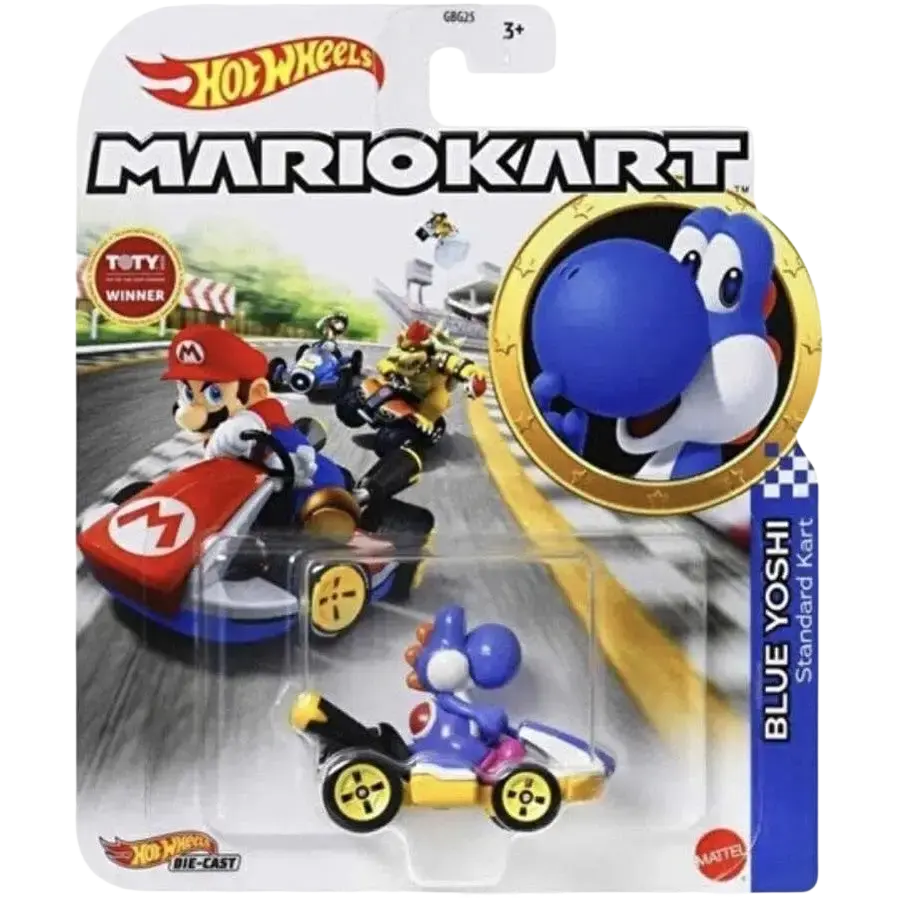 Hot Wheels Mario Kart Blue Yoshi die-cast toy car.