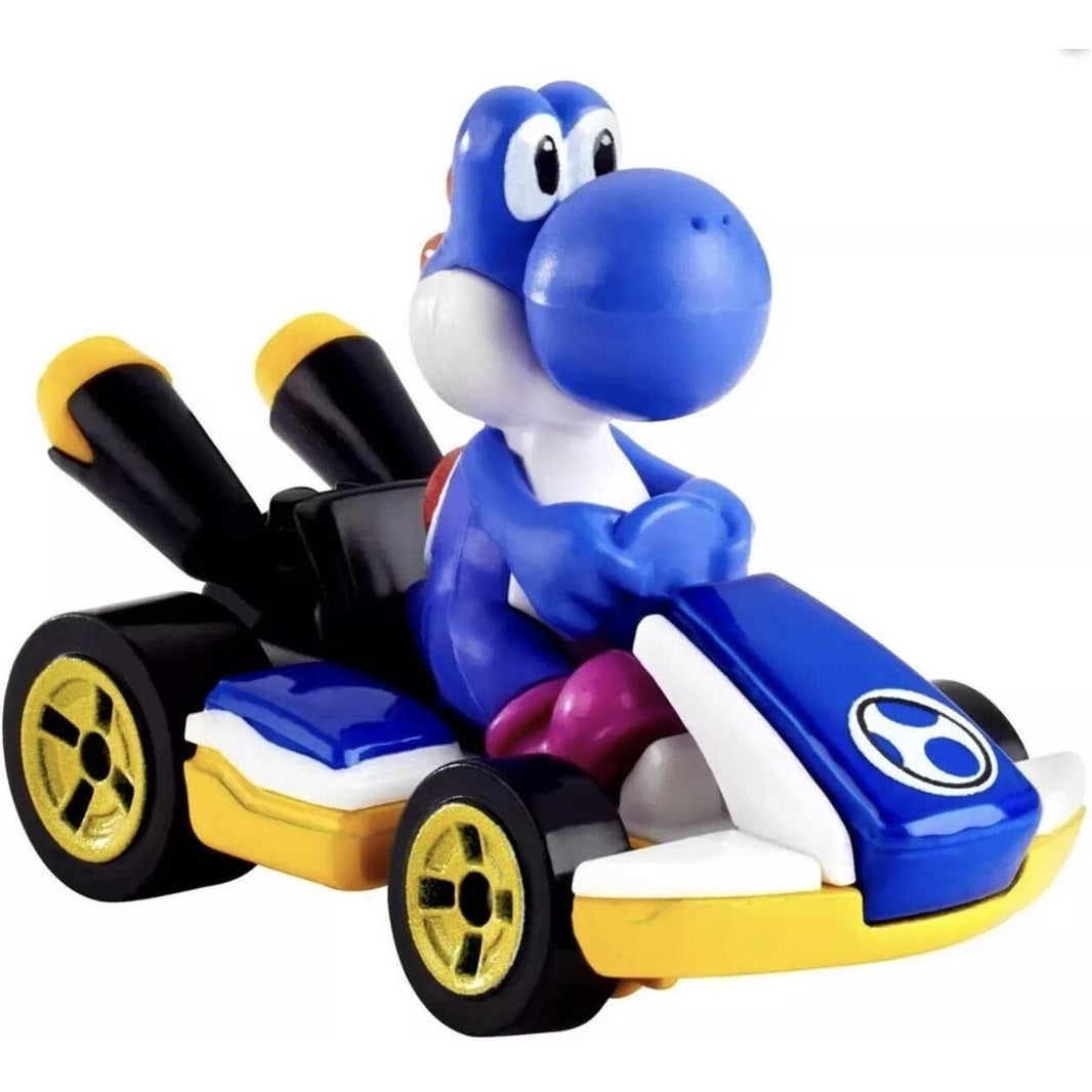 A blue Yoshi figure in a blue, yellow, and black Mario Kart toy car.