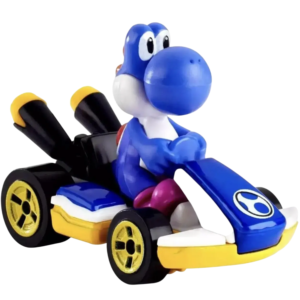 A blue Yoshi figure in a blue, yellow, and black Mario Kart toy car.