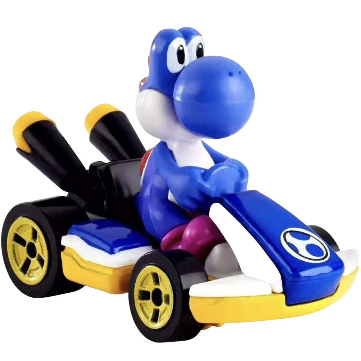 A blue Yoshi figure in a blue, yellow, and black Mario Kart toy car.