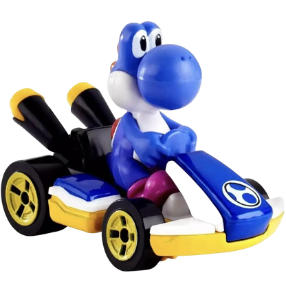 A blue Yoshi figure in a blue, yellow, and black Mario Kart toy car.