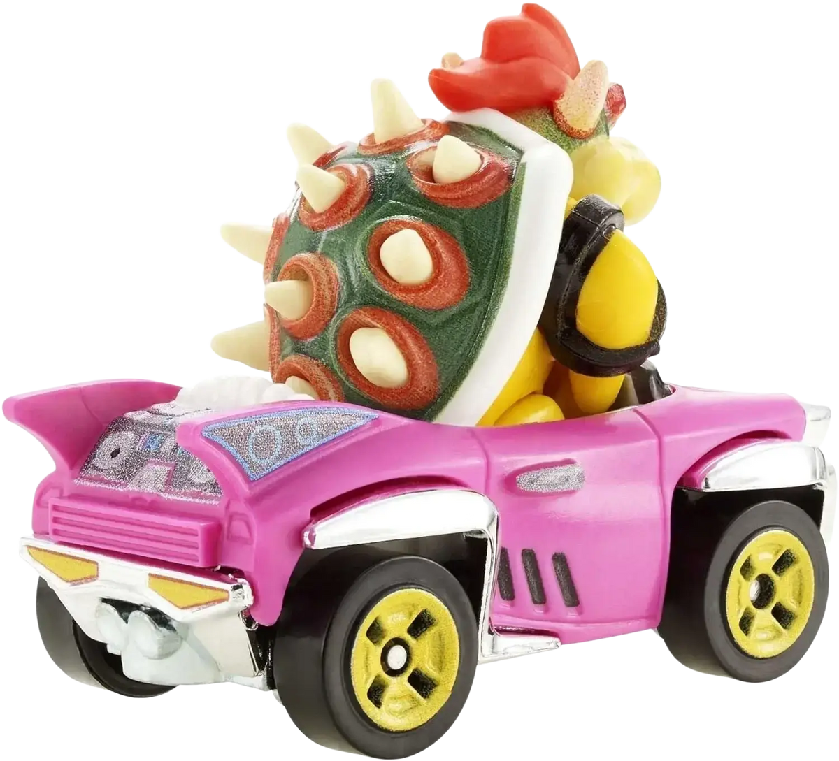 A Hot Wheels Mario Kart Bowser die-cast toy car.