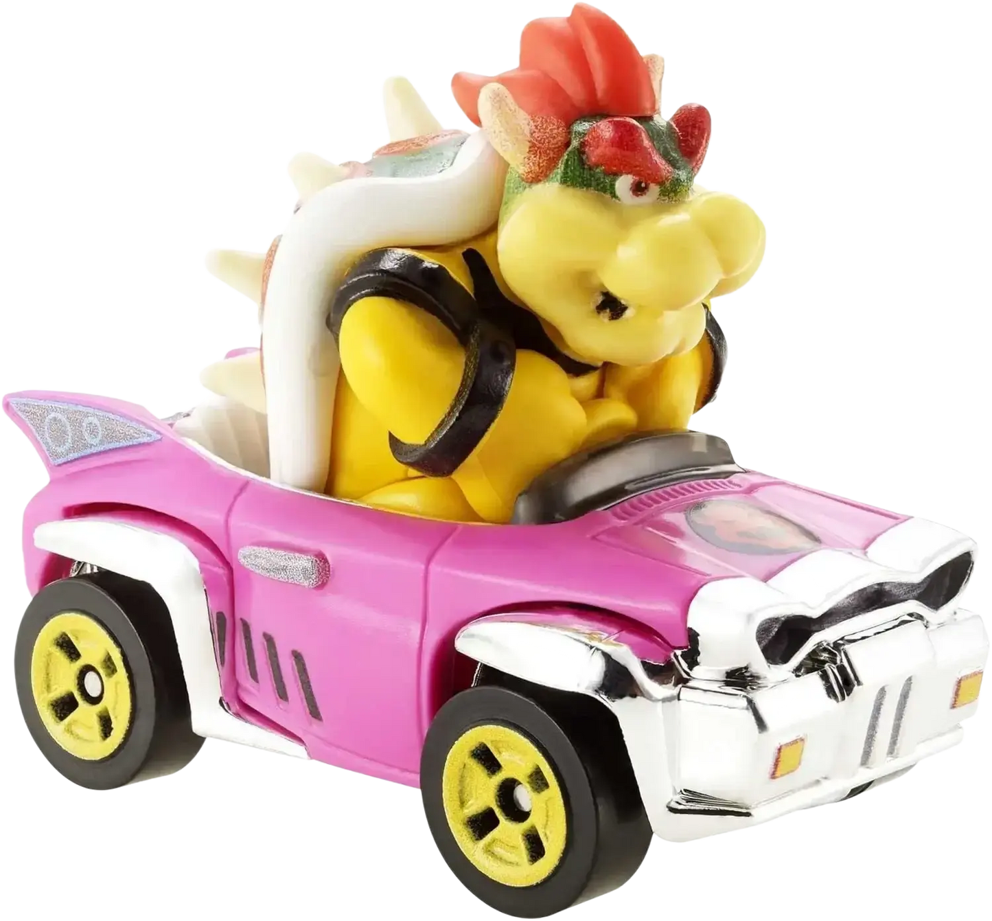 A Hot Wheels Mario Kart Bowser die-cast vehicle with a pink car and yellow wheels.