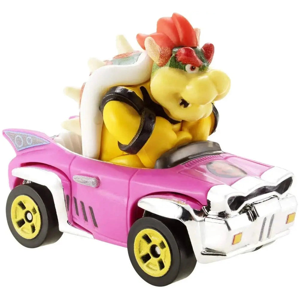 A Hot Wheels Mario Kart Bowser die-cast toy car.