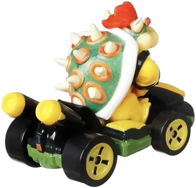 Bowser in a black and green Mario Kart with yellow wheels and headlights.
