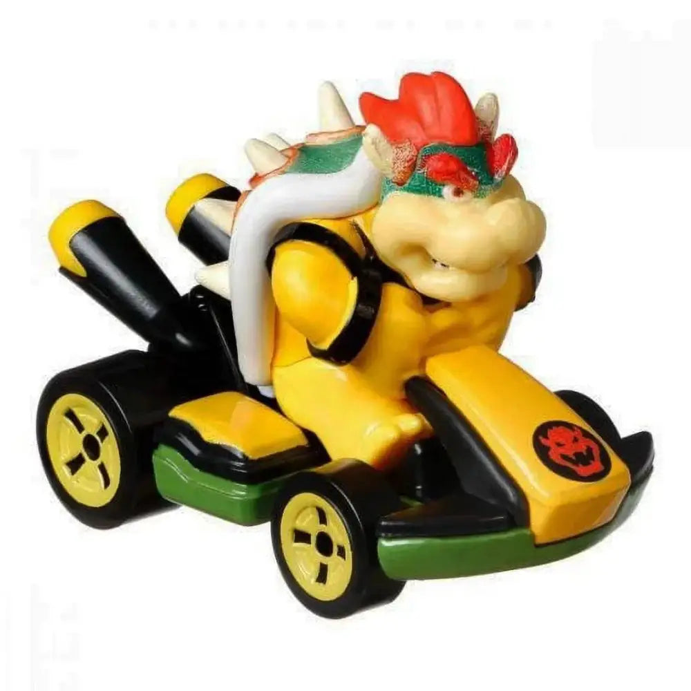 Bowser from Mario Kart in his yellow kart with black wheels and green trim.