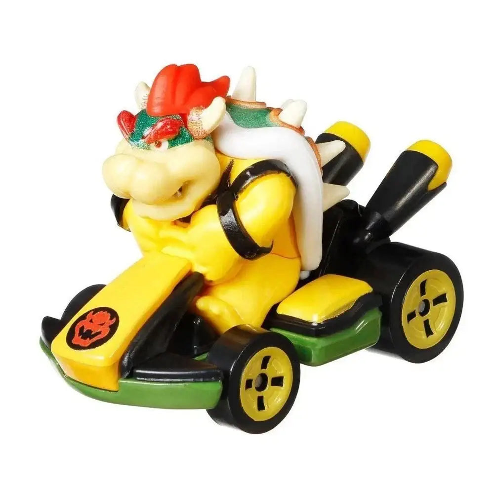Bowser in a yellow and black Mario Kart toy car.