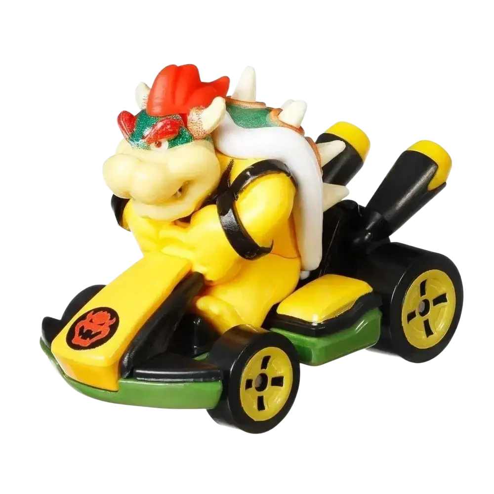 Bowser in a yellow and black Mario Kart toy car.