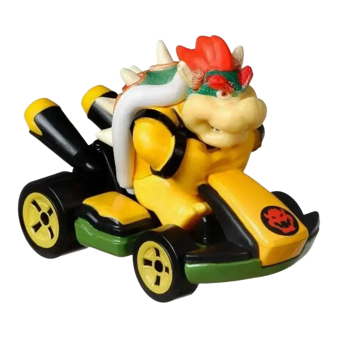 Bowser from Mario Kart in his yellow kart with black wheels and green trim.