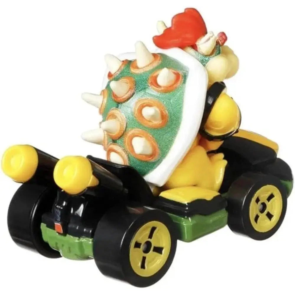 Bowser in a black and green Mario Kart with yellow wheels and headlights.