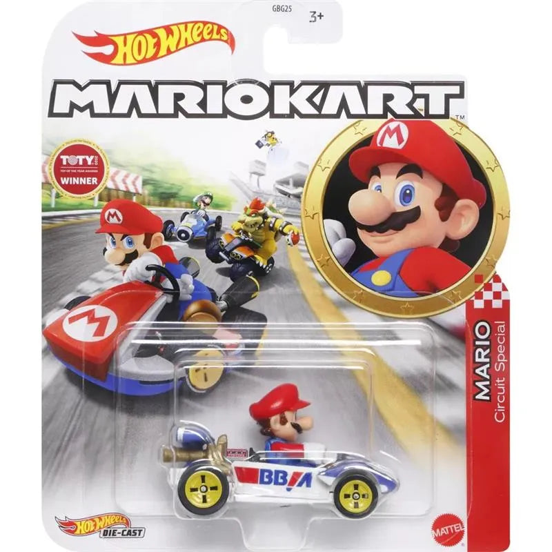 Hot wheels mario kart circuit special car in white and blue with red accents.