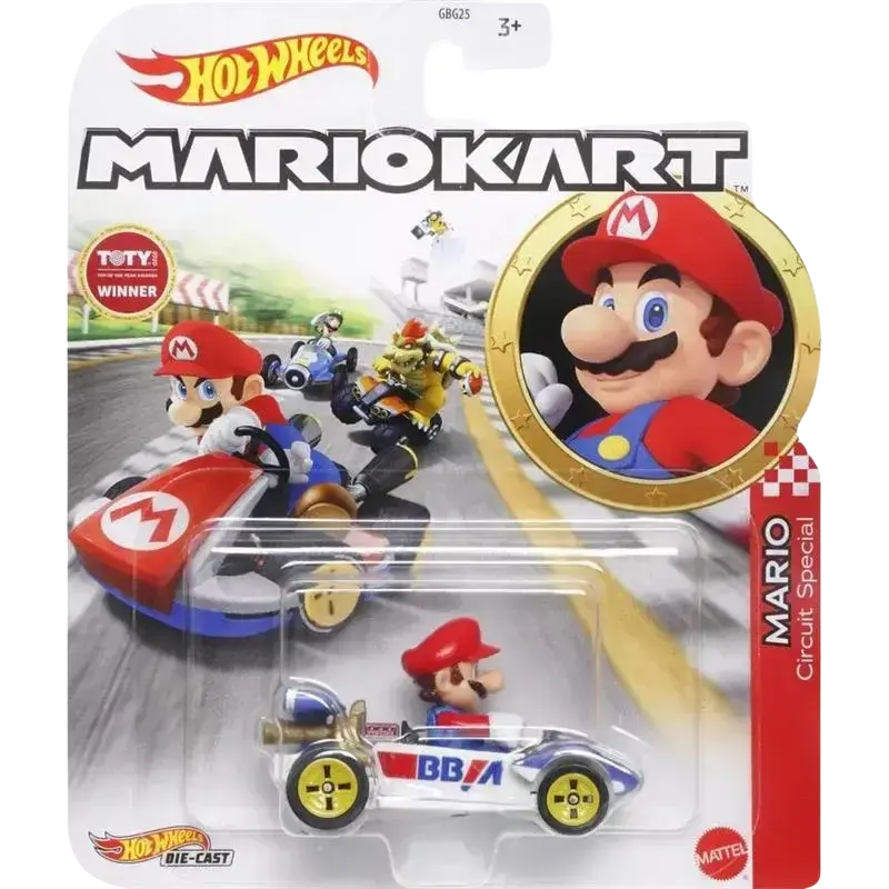 Hot wheels mario kart circuit special car in white and blue with red accents.