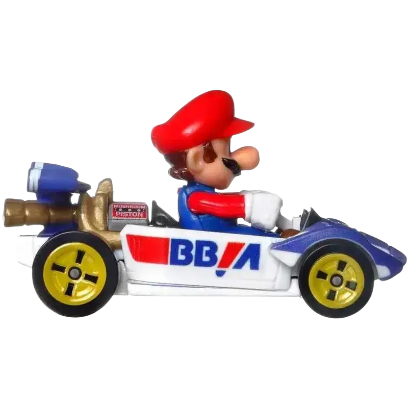 Mario kart figurine with red hat, blue and white racing suit, yellow wheels, and bbva branding.