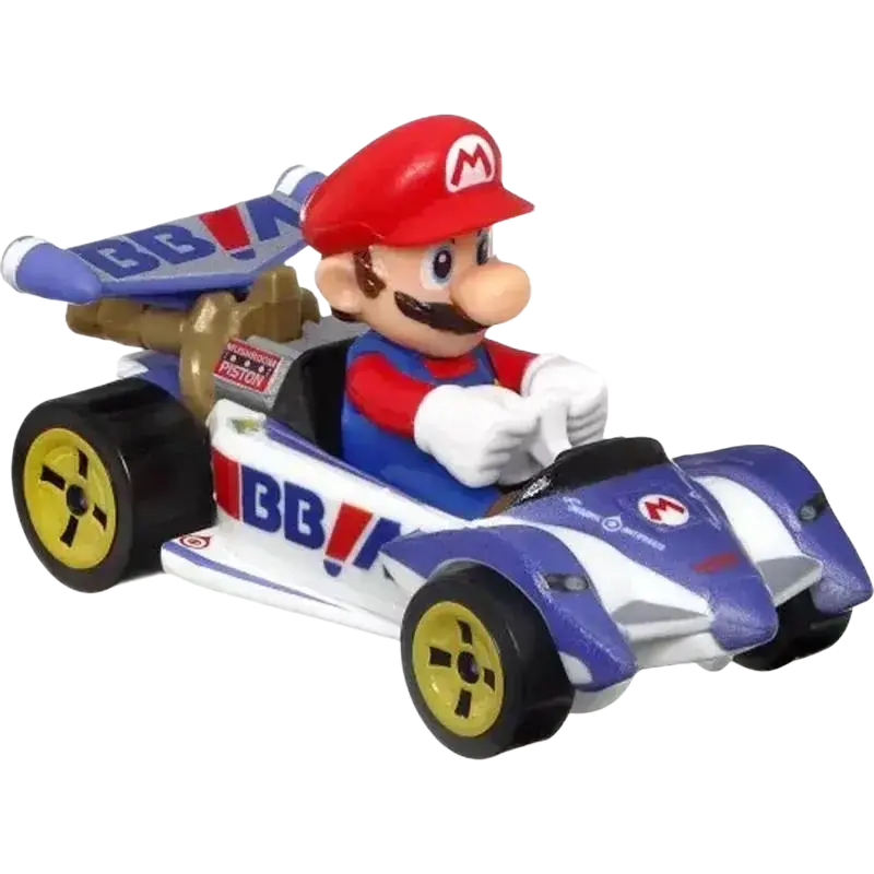 Mario kart toy car with red and white helmet, blue racing suit, yellow wheels.