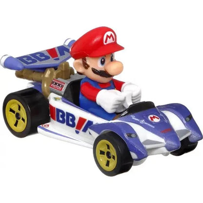Mario kart toy car with red and white helmet, blue racing suit, yellow wheels.