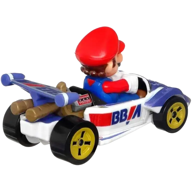 Mario kart toy car with red helmet and blue racing suit, featuring yellow wheels.