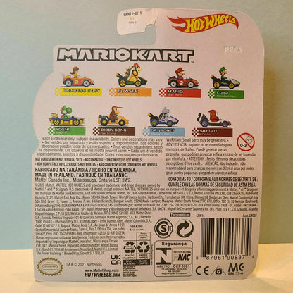 Hot wheels mario kart car set featuring iconic characters in miniature form, with vibrant colors and detailed designs.