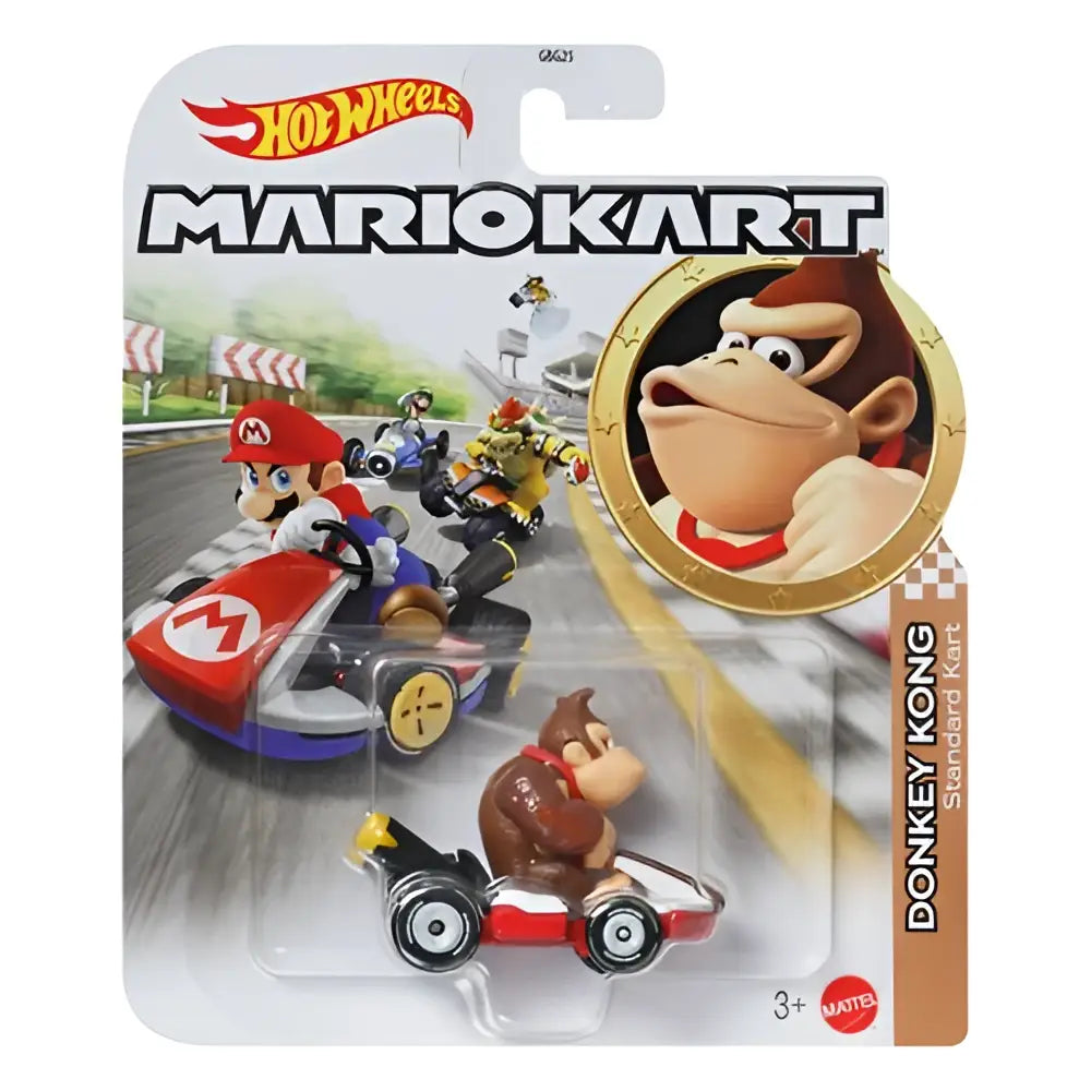 Hot wheels mario kart 1 64 diddy kong standard kart plastic figure with brown fur black eyes in red and white kart