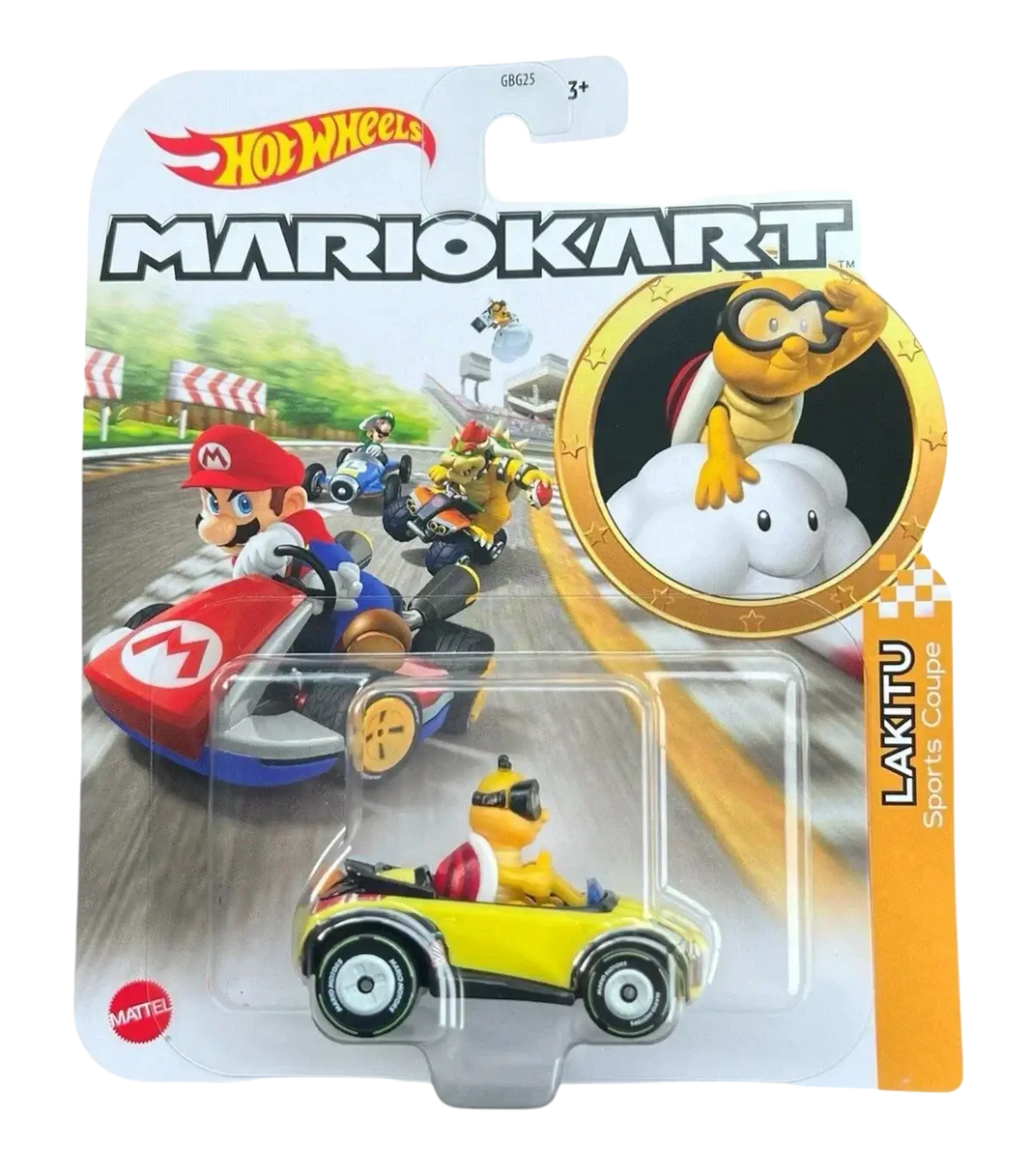 A Hot Wheels Mario Kart Lakitu Sports Coupe toy car in its original packaging, marked as ’SOLD OUT’.