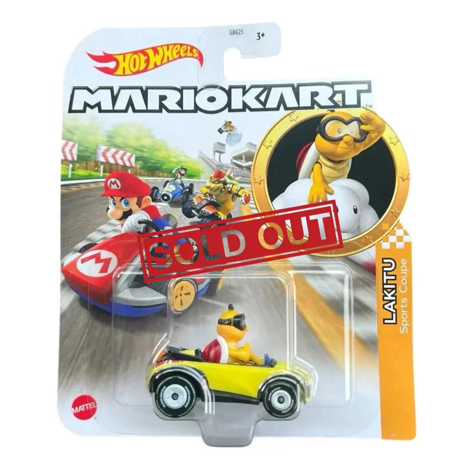A Hot Wheels Mario Kart Lakitu Sports Coupe toy car in its original packaging, marked as ’SOLD OUT’.
