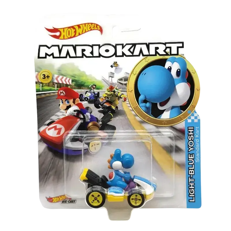 Hot Wheels Mario Kart Light-Blue Yoshi die-cast toy.