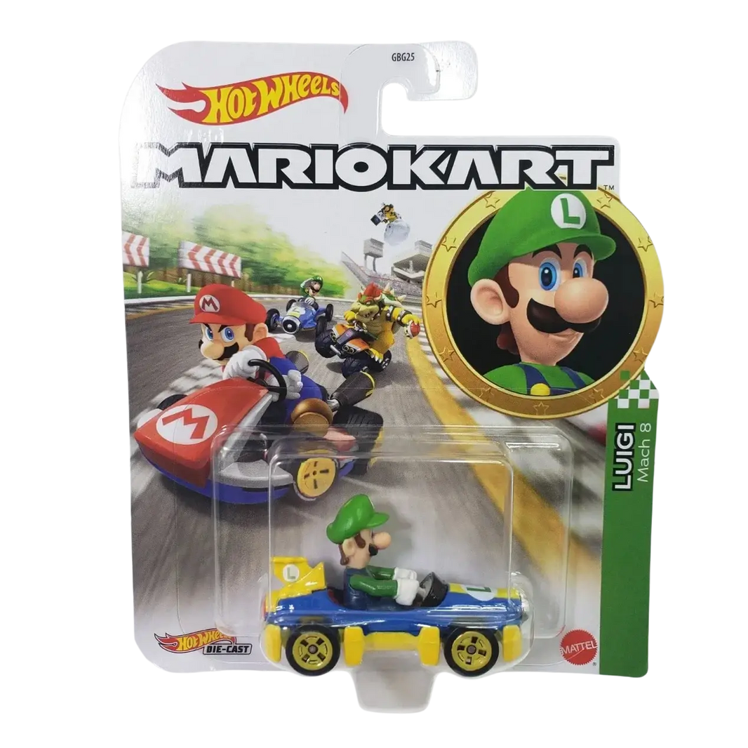 Blue and yellow luigi mario kart die-cast toy car in original packaging.