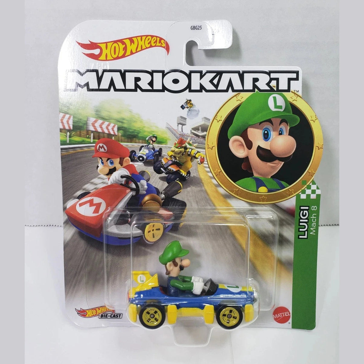 Blue and yellow luigi mario kart die-cast toy car in original packaging.