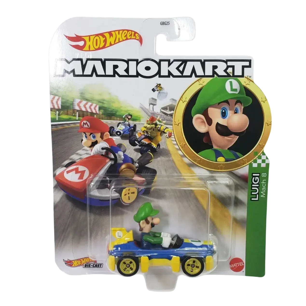 Blue and yellow luigi mario kart die-cast toy car in original packaging.