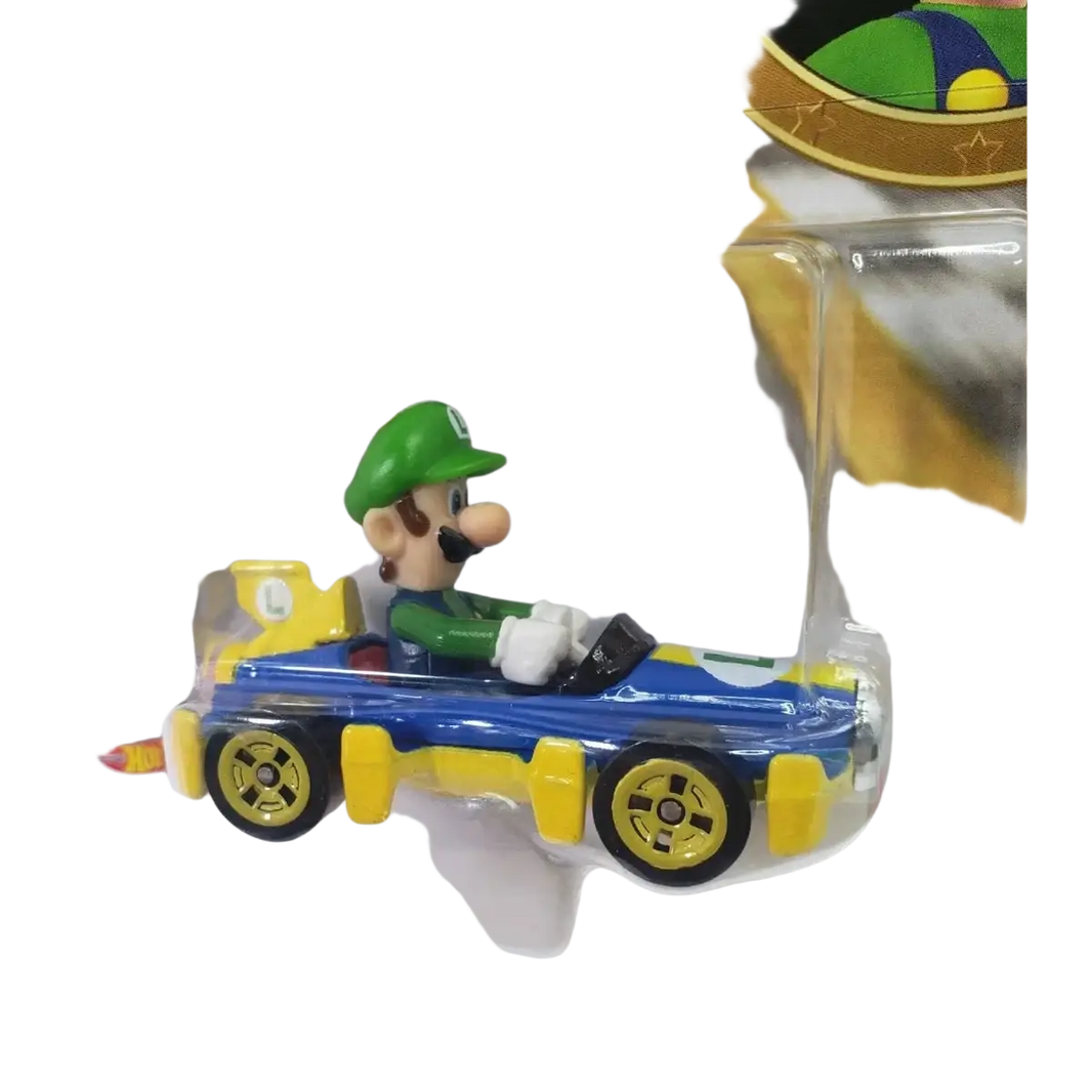 Blue and yellow hot wheels race car with a green-capped luigi figure seated inside.