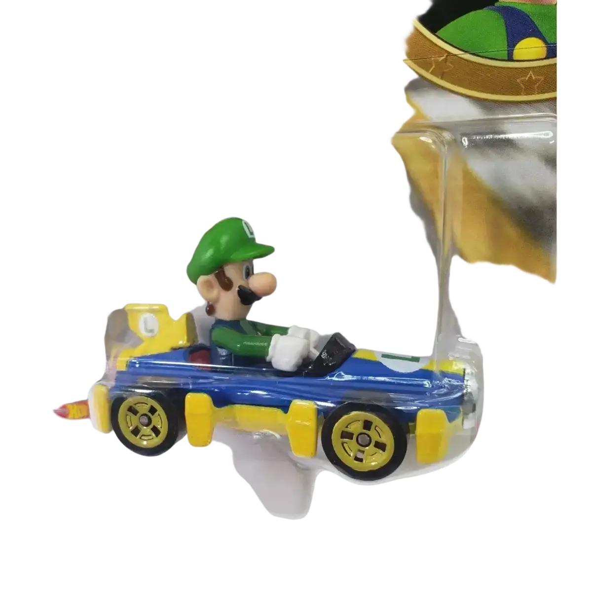 Blue and yellow hot wheels race car with a green-capped luigi figure seated inside.