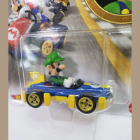 Blue and yellow hot wheels race car with a green-capped luigi figure seated inside.