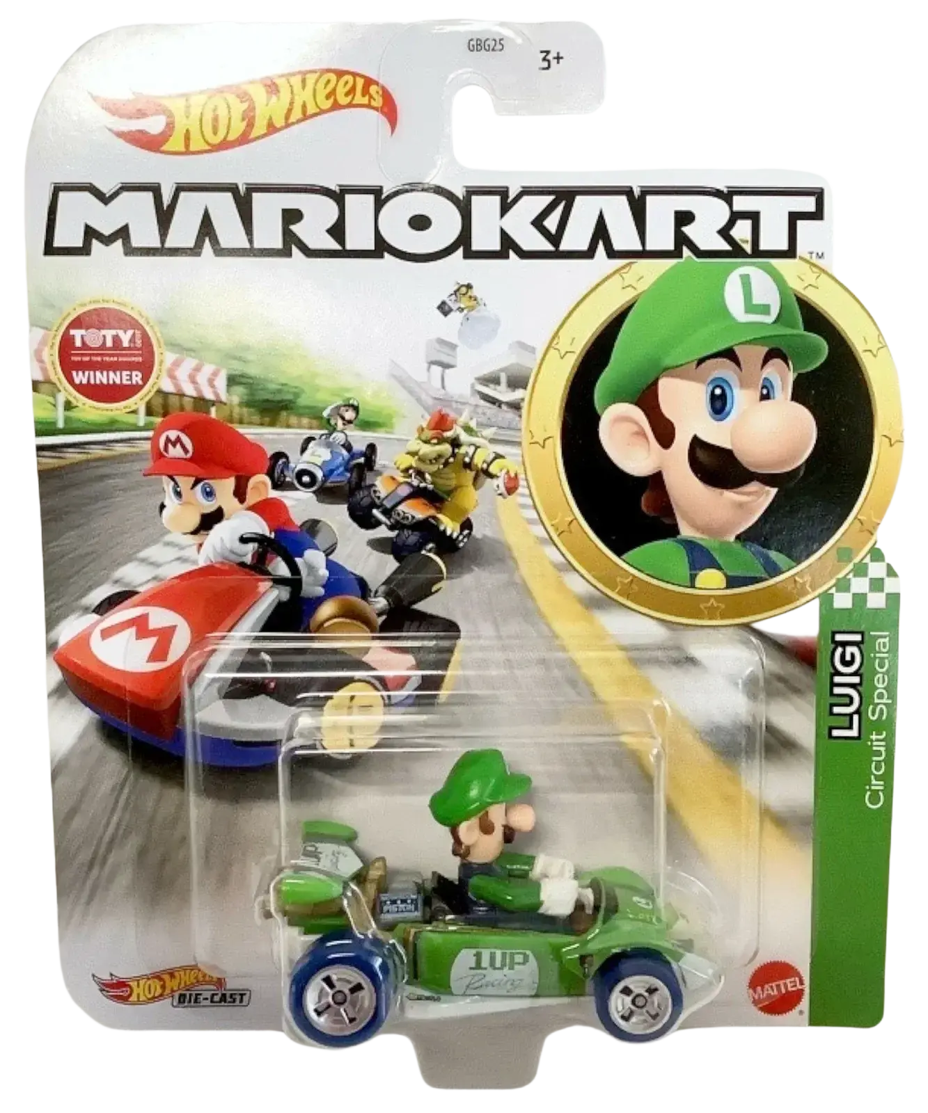 Hot Wheels Mario Kart Luigi Circuit Special die-cast toy car.