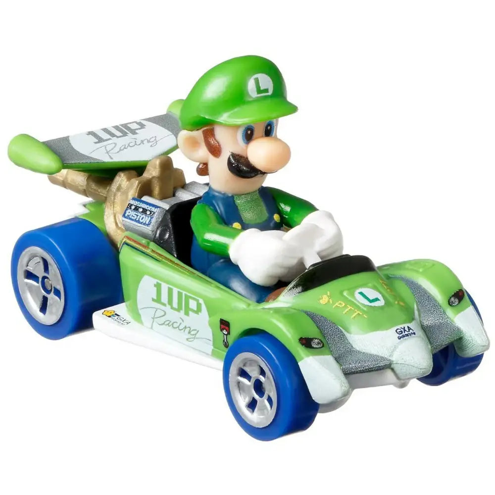Luigi in a green and blue racing kart.