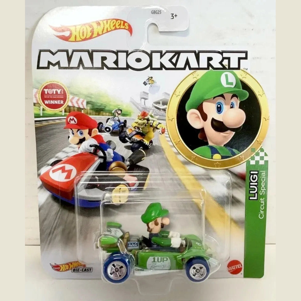 Hot Wheels Mario Kart Luigi Circuit Special die-cast toy car.