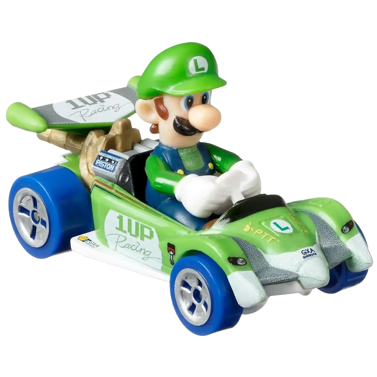 Luigi in a green and blue racing kart.