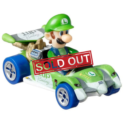 Luigi in a green and blue racing kart.