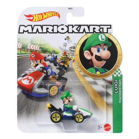 Hot wheels mario kart 1 64 luigi standard kart in green and blue die-cast featuring mario kart racing design