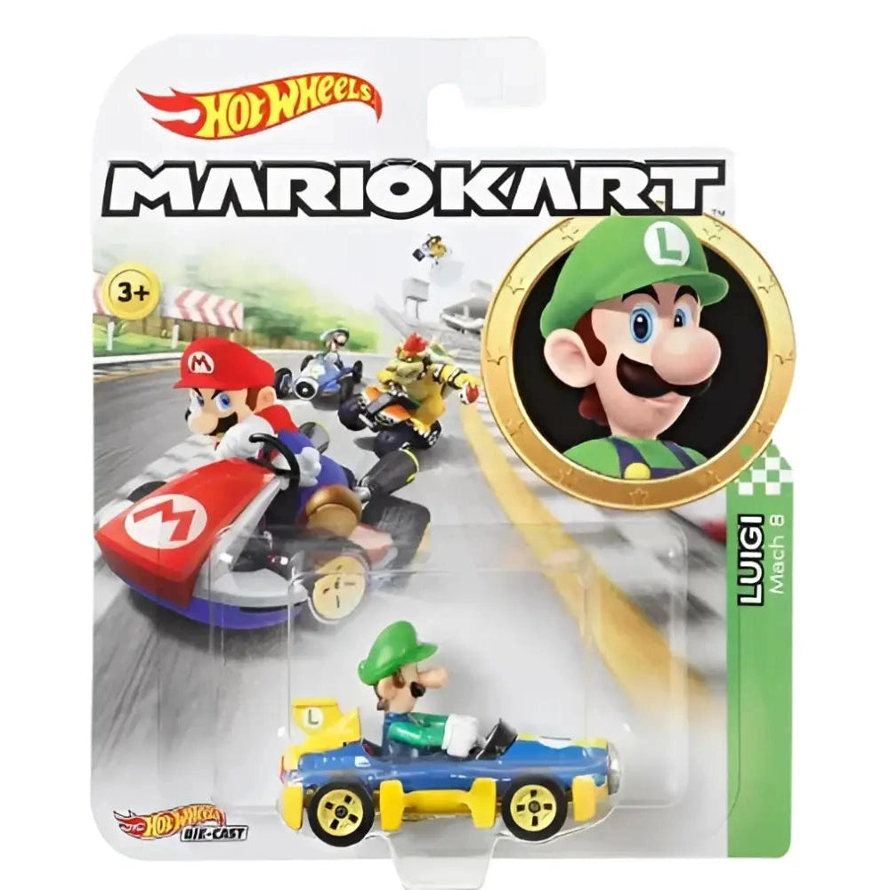 A Hot Wheels Mario Kart Luigi toy car in its original packaging.