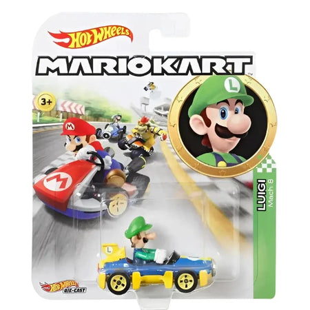 A Hot Wheels Mario Kart Luigi toy car in its original packaging.
