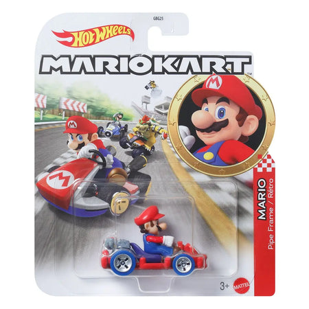 Hot wheels mario kart 1 64 mario pipe frame die-cast toy car red and blue with silver wheels in blister pack