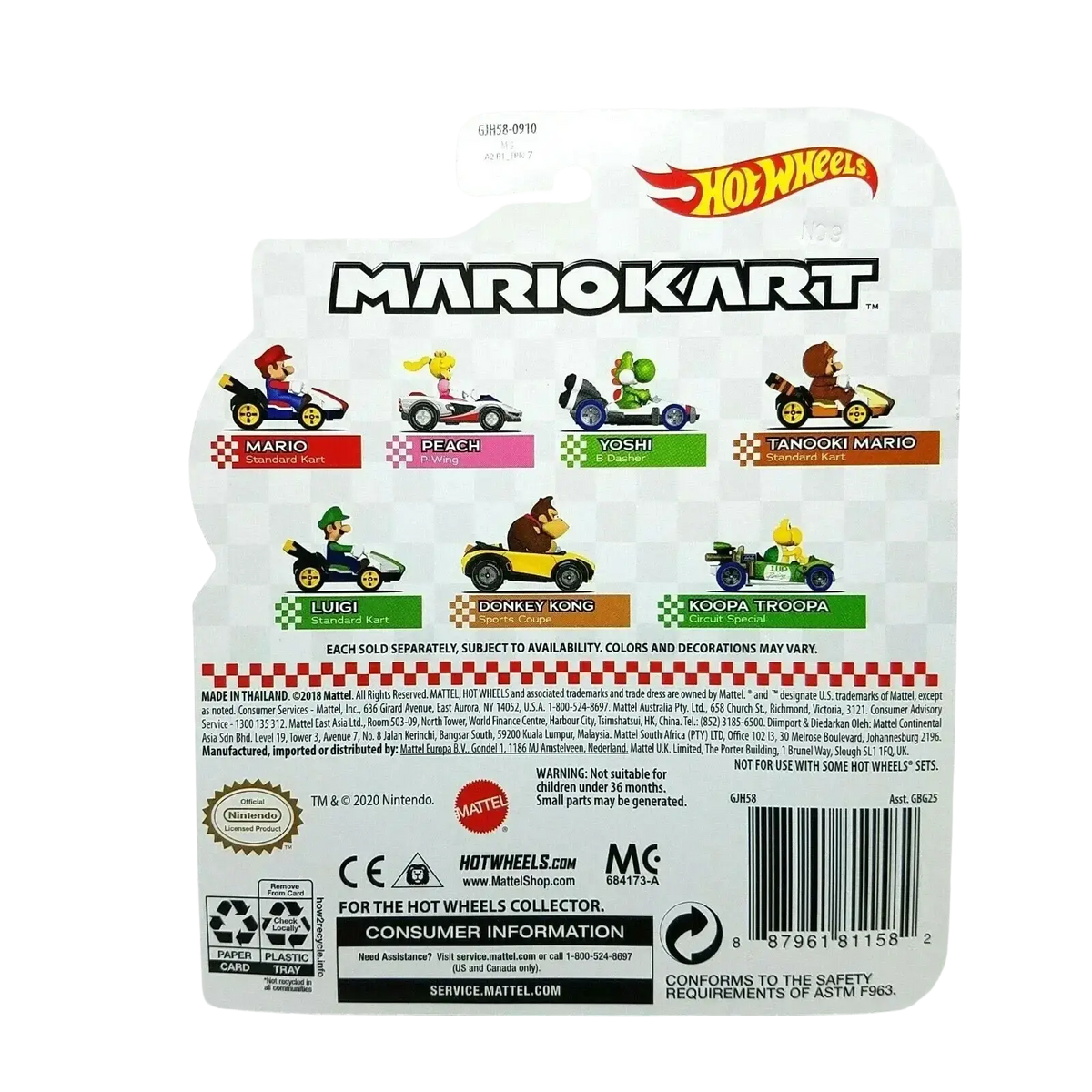 Hot wheels mario kart miniature car set featuring iconic characters in colorful karts.
