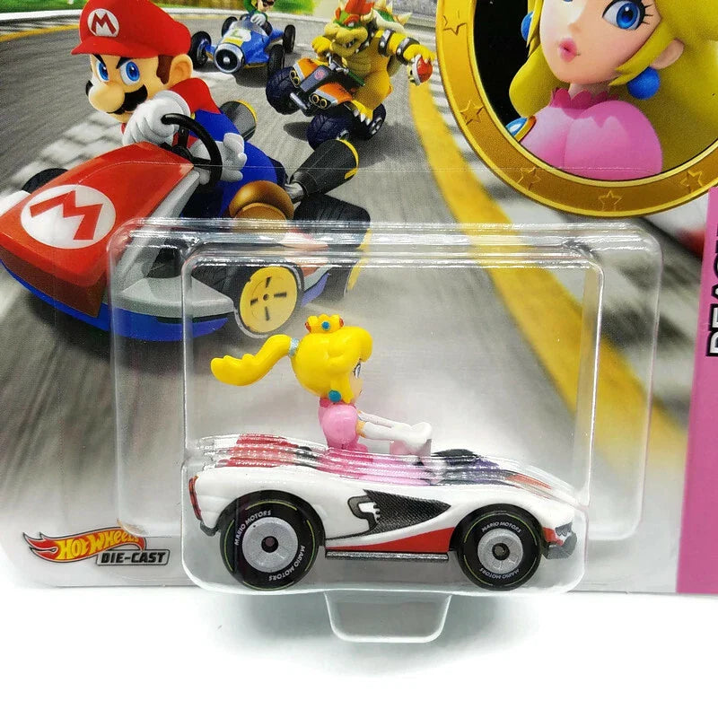 White and pink hot wheels die-cast car with yellow character figure inside, featuring a red stripe design.